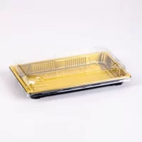 220*140MM GOLDEN RECT. TRAY W/CLEAR LID 320PCS سوشي مستطيل ذهبي وسط